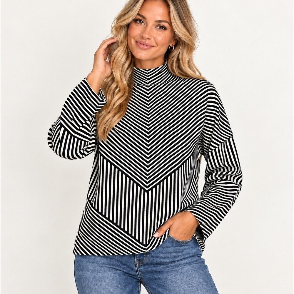 Tahari Womens 1X Black White Stripe Mock Neck Chevron Knit Sweater NWT